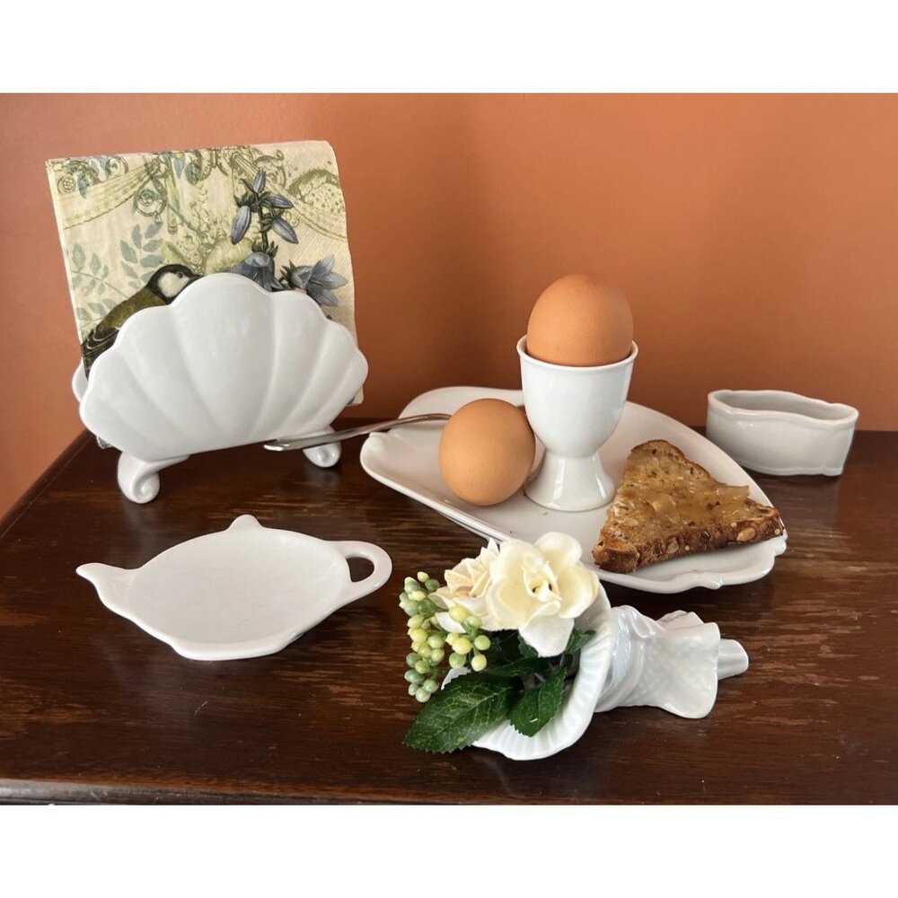 Vtg Porcelain Serving Breakfast Set Bohemia Napkin Holder Platter Egg Cup Vase..